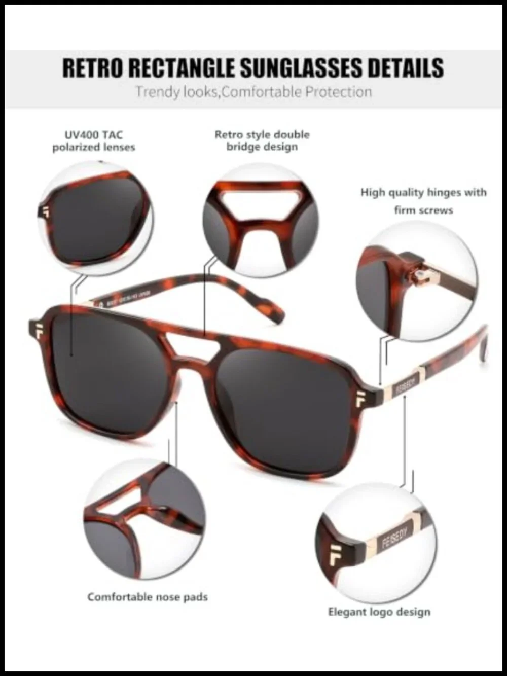Retro Square Aviator Sunglasses UV400 Polarized TAC Lenses
